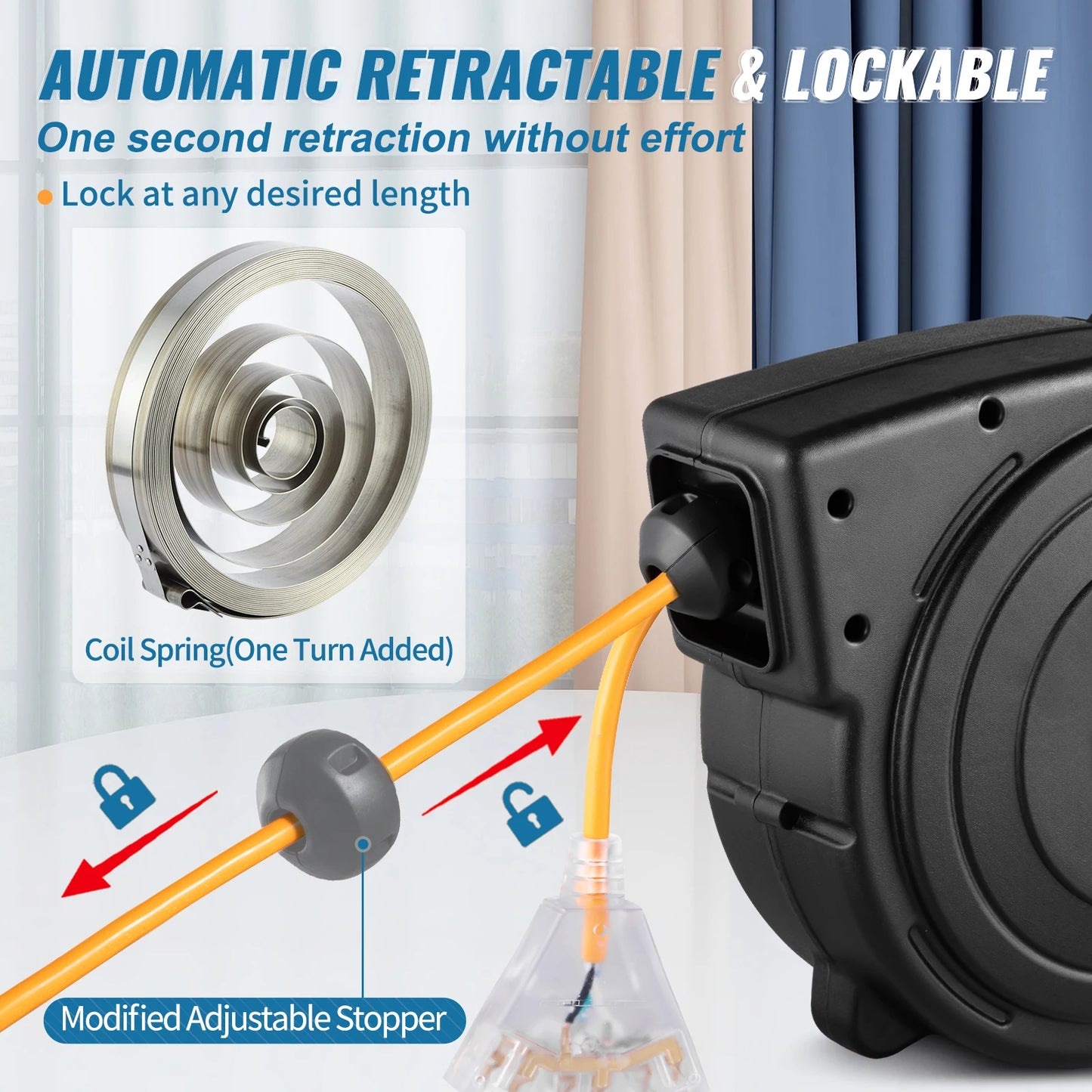SucceBuy Retractable Extension Cord Reel 45 Ft Lighted Triple Tap Outlet