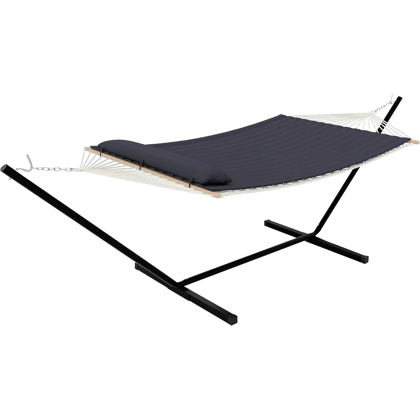 Heavy Duty Double Hammock with Stand-2 Person Cotton Rope Patio Bed,Hardwood Spreader Bars for Backyard Patio Outdoor/Indoor