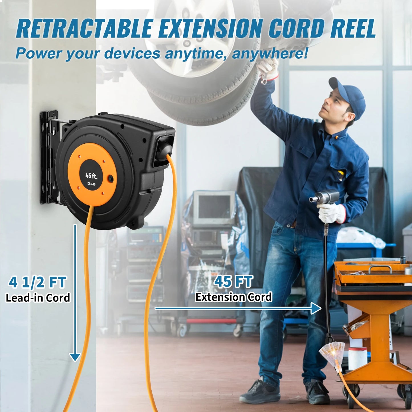 SucceBuy Retractable Extension Cord Reel 45 Ft Lighted Triple Tap Outlet