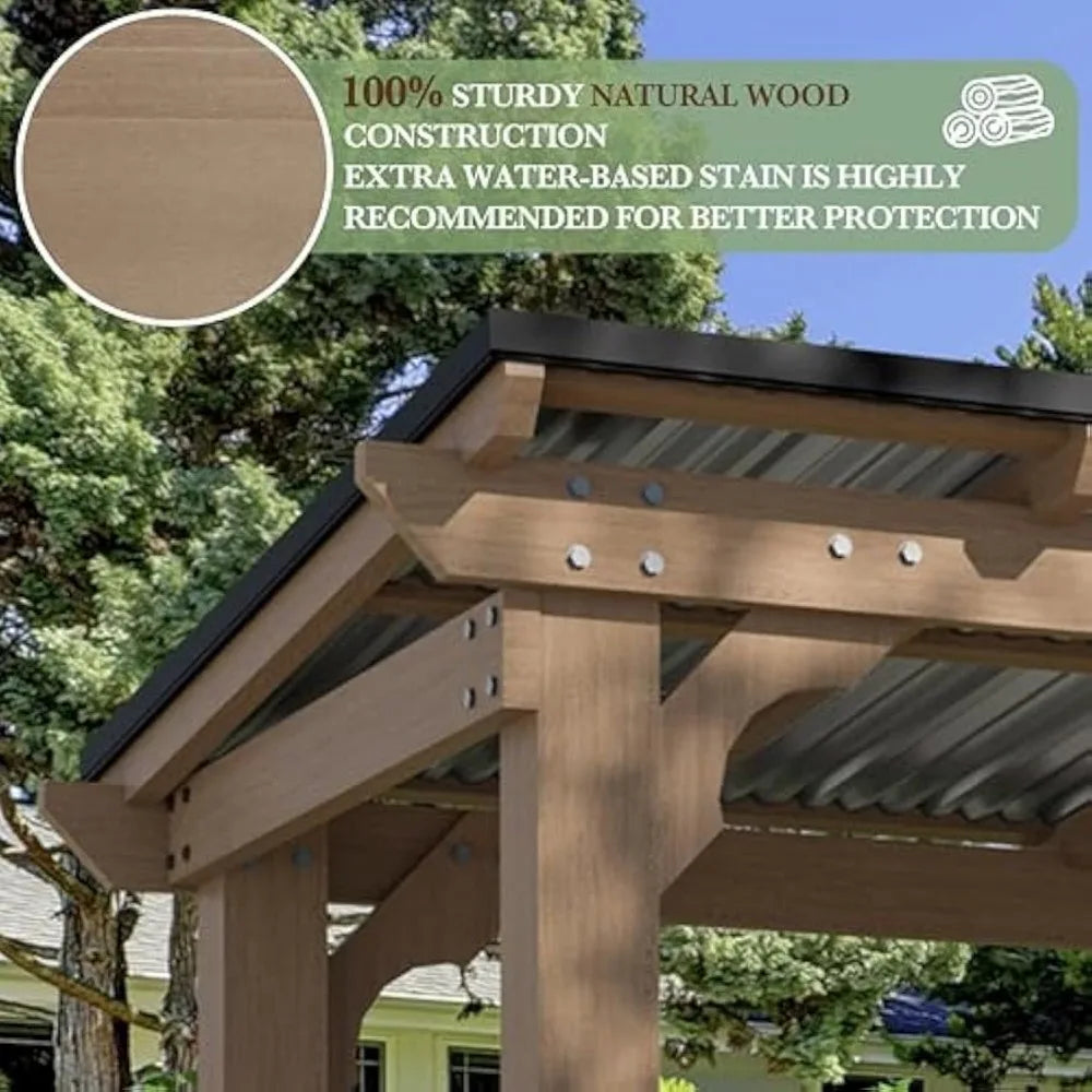 Wooden Grill Gazebo With Sloping Metal Roof Hard Top And Side Shelves