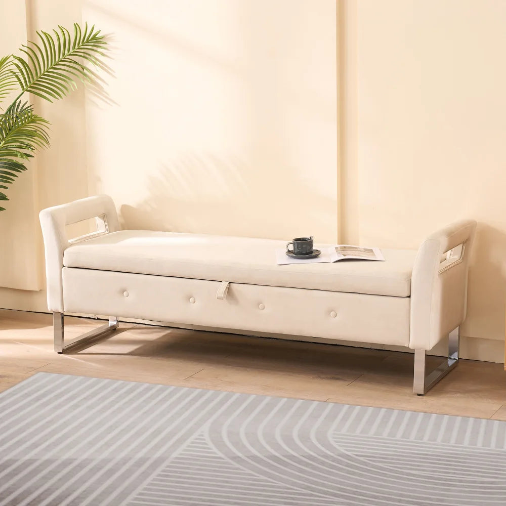 Velvet Storage Bench With Armrests For Living Room And Entryway