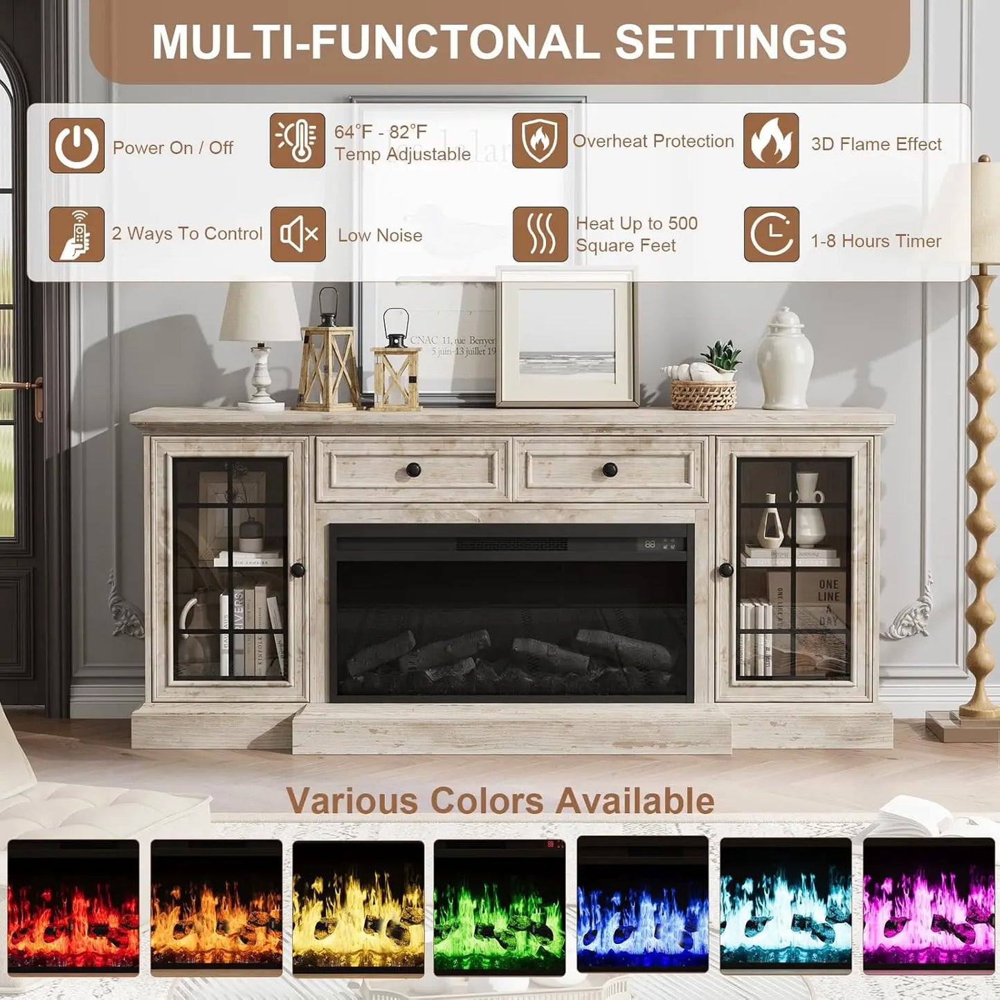 Contemporary TV Stand With Electric Fireplace And LED Lights