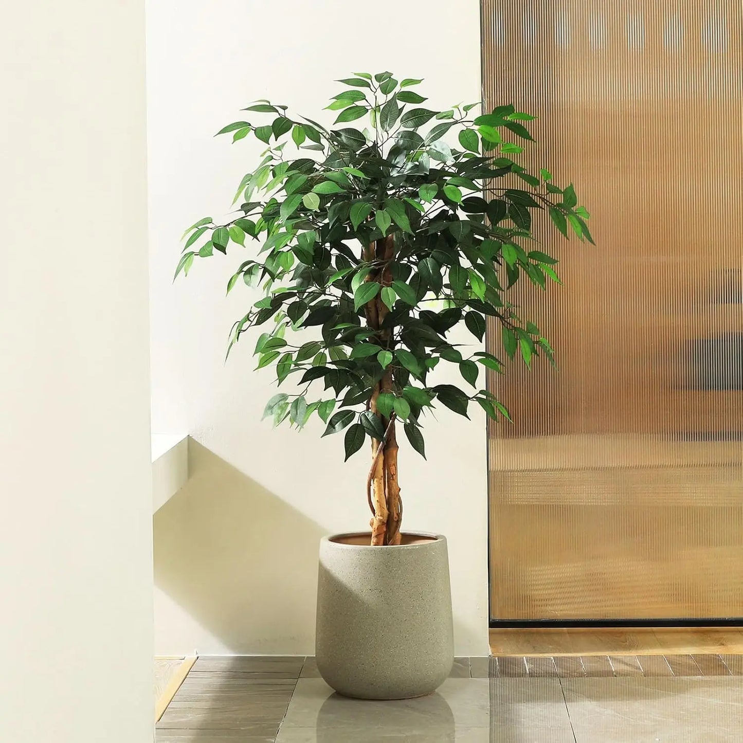 Artificial Ficus Tree With Wood Trunk In Plastic Pot