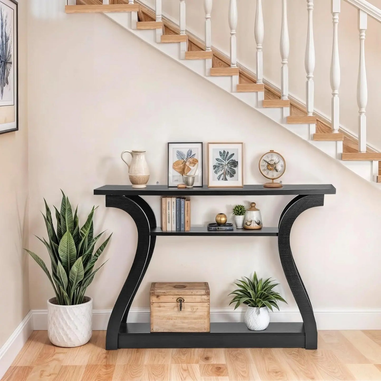 Minimalist Wood Console Table For Entryway With 3 Tier Storage