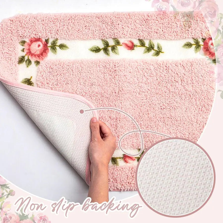 Rose Floral Bath Rug Set U Shaped Non Slip Absorbent