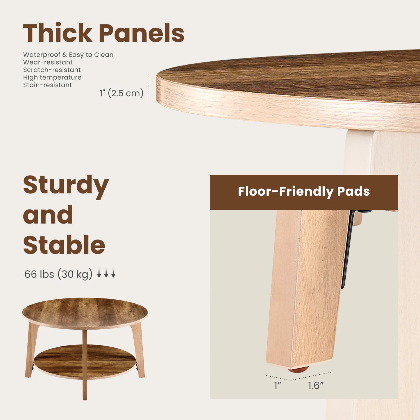 JHK Round Coffee Table With Storage And Anti Slip Feet