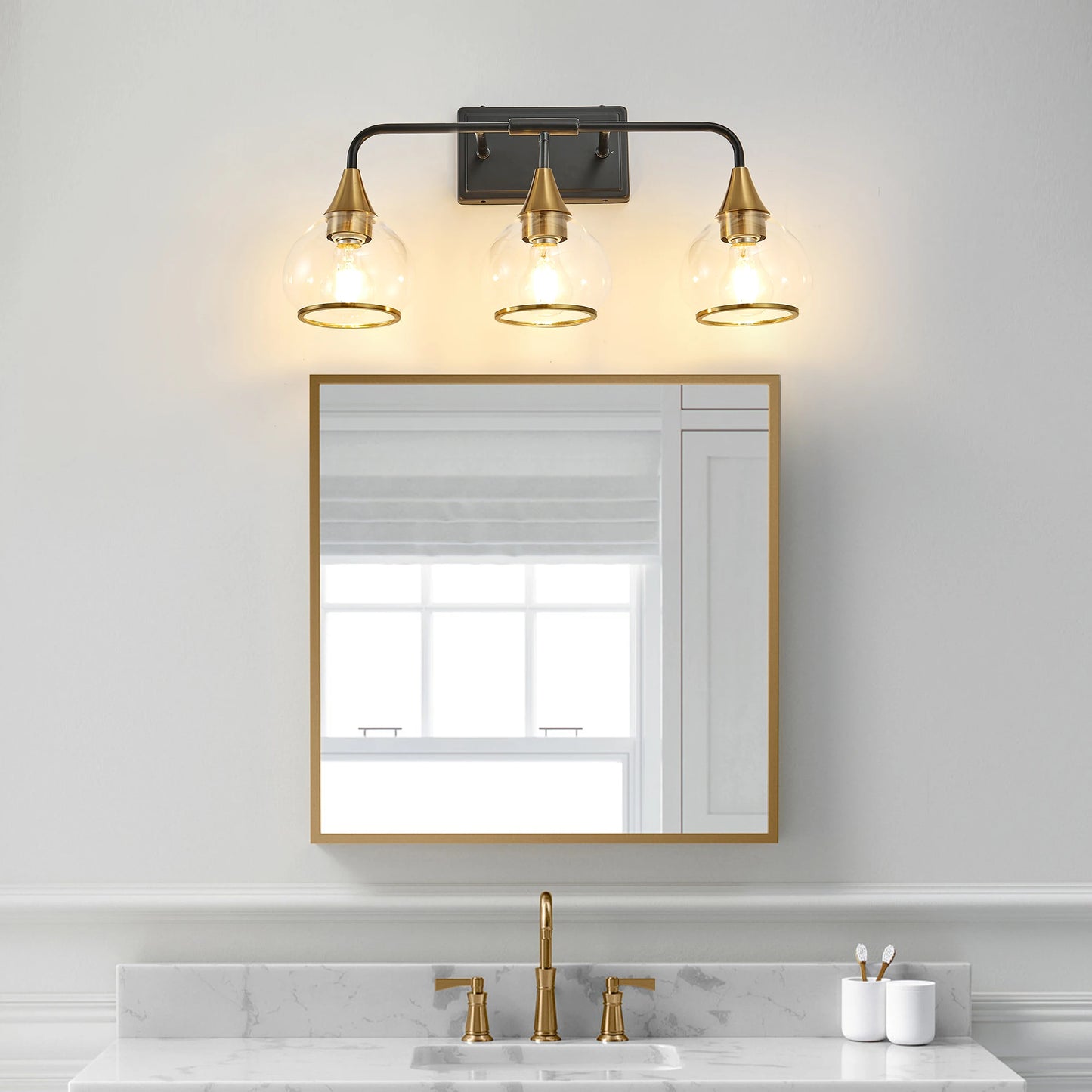 Modern Vanity Wall Sconce - Black & Gold Bathroom Light Fixture with Clear Glass Shades, Industrial Wall Mounted Lamp form USA