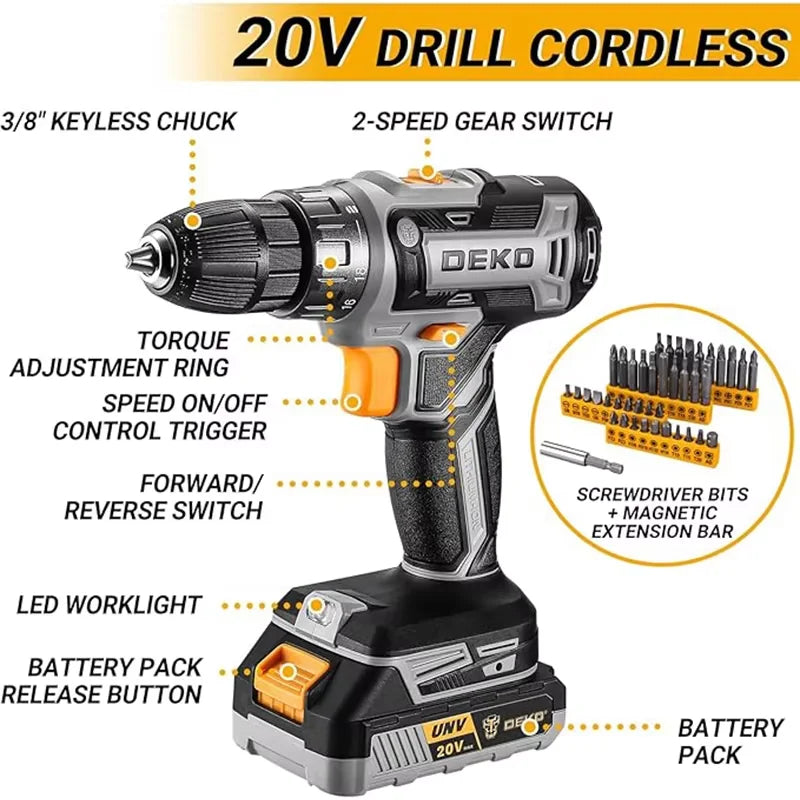 DEKO 20V Cordless Drill Kit With Battery and LED Light
