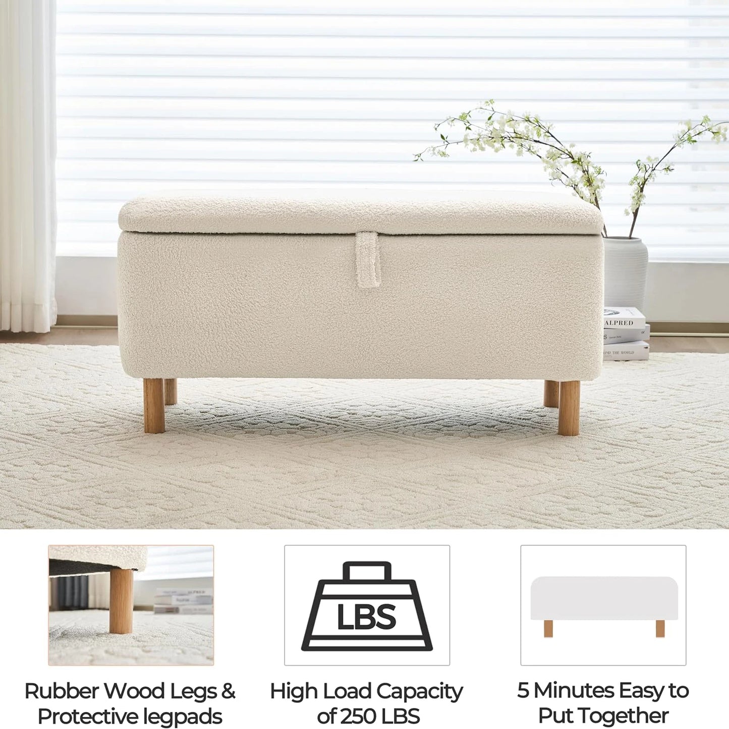 TODRAN Boucle Storage Ottoman Bench With Sherpa Upholstery