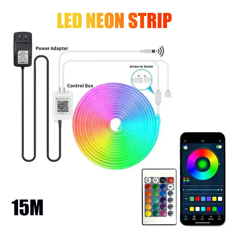 15m RGB LED Neon Rope Lights With Music Sync Smart App Control