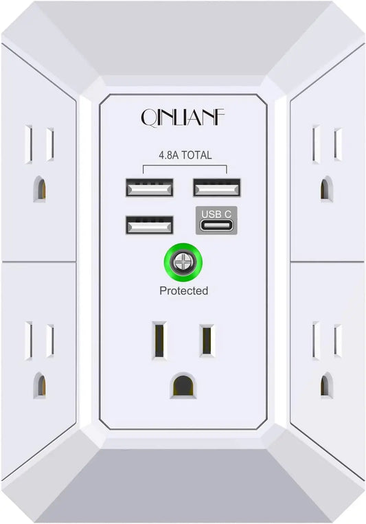 Five Outlet Power Strip With USB Ports And Surge Protector