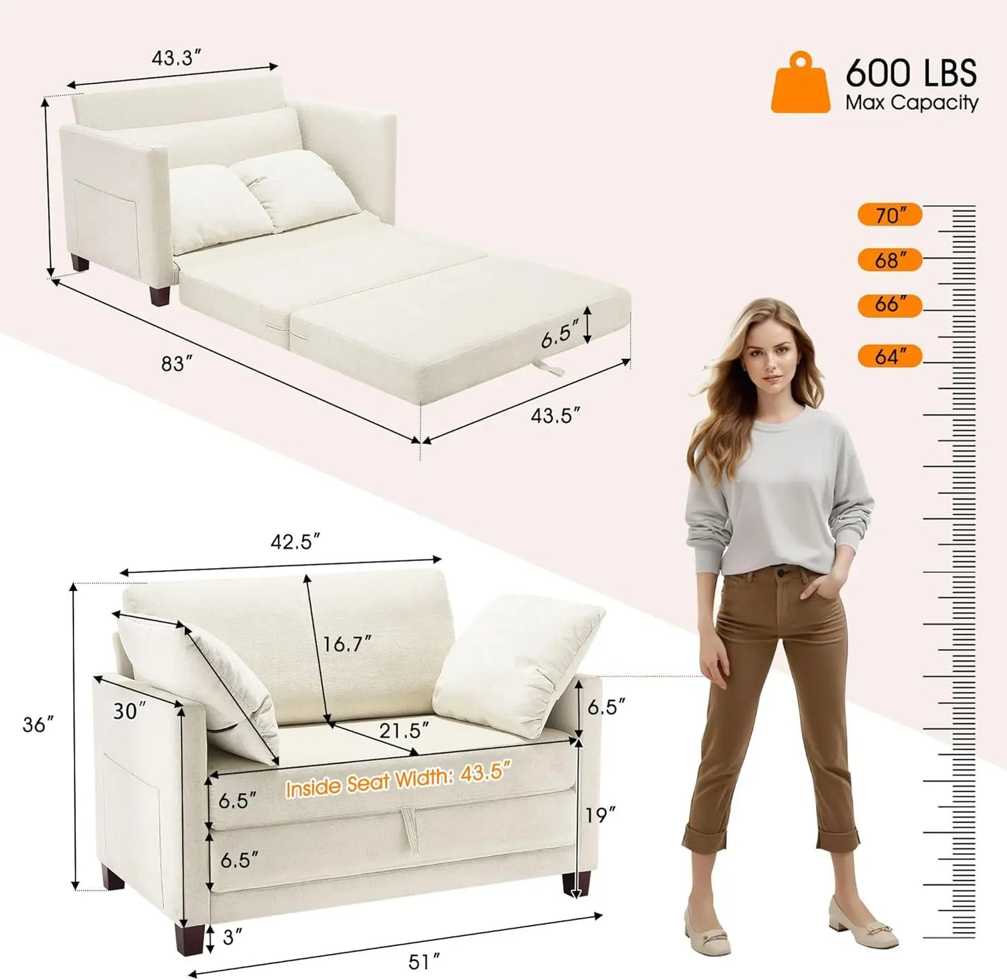 Convertible Loveseat Sofa Bed With Storage For Small Spaces