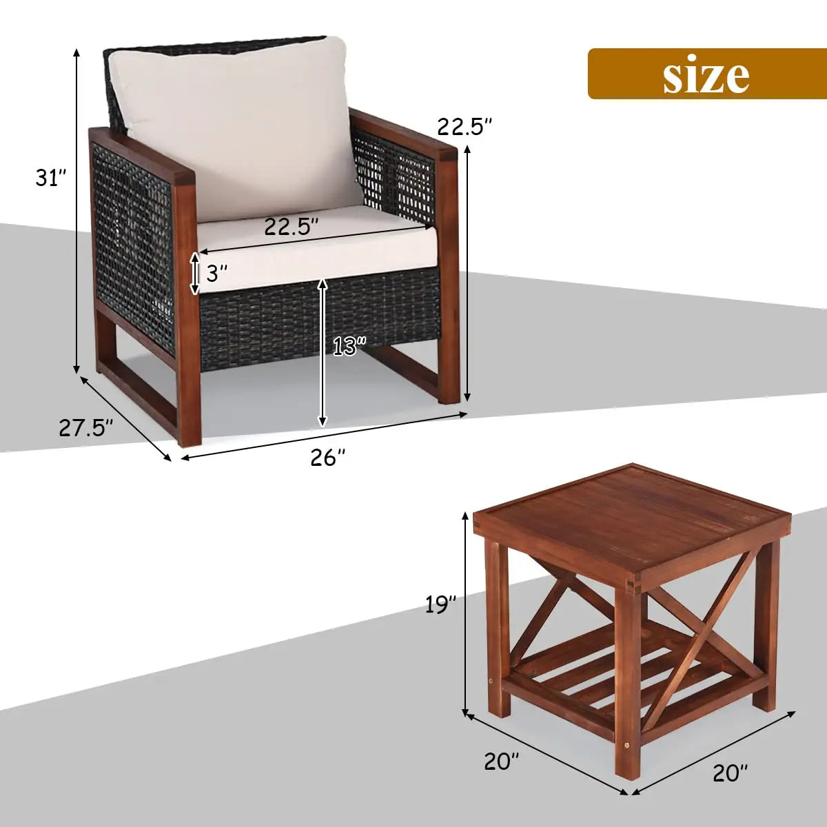 XIAOLANG Patio Wicker Furniture Set Cushions And Acacia Coffee Table