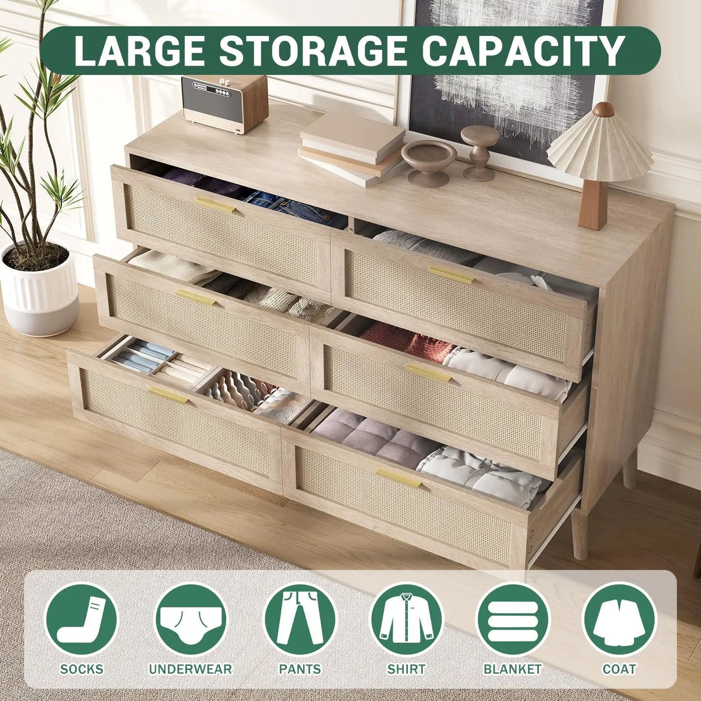HiMISS 6 Drawer Rattan Dresser Mid Century Modern Wood Storage