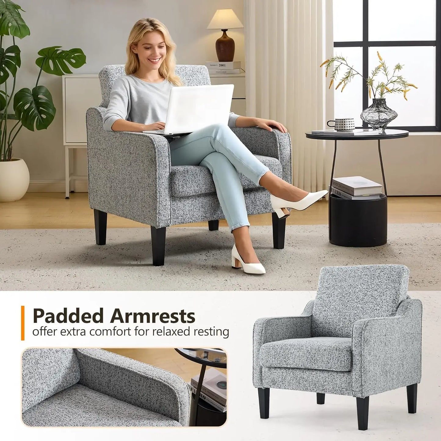 Modern Fabric Mid Century Accent Chair With Scooped Arms