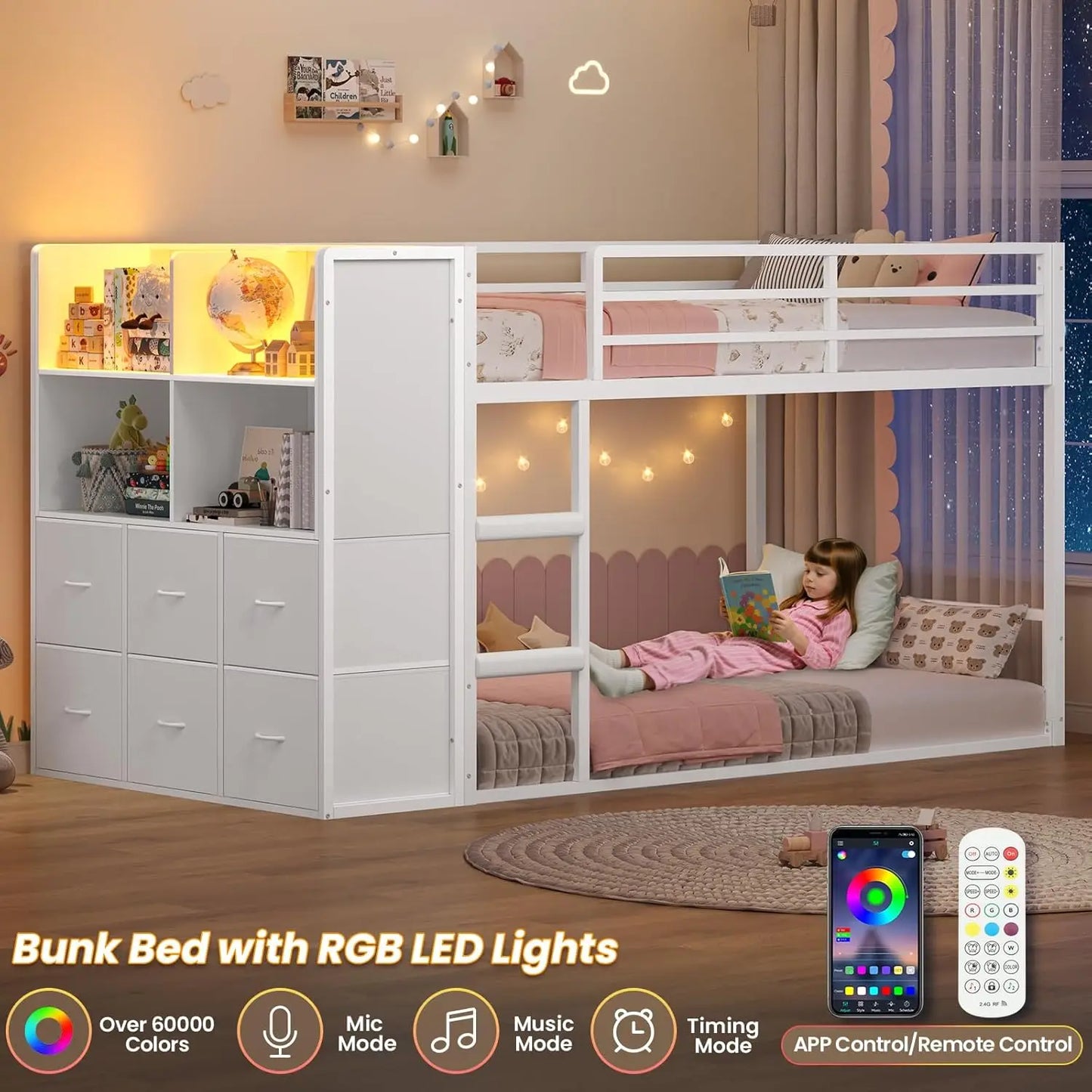 Twin Over Twin Bunk Bed With Fabric Drawers And Wooden Storage Shelves