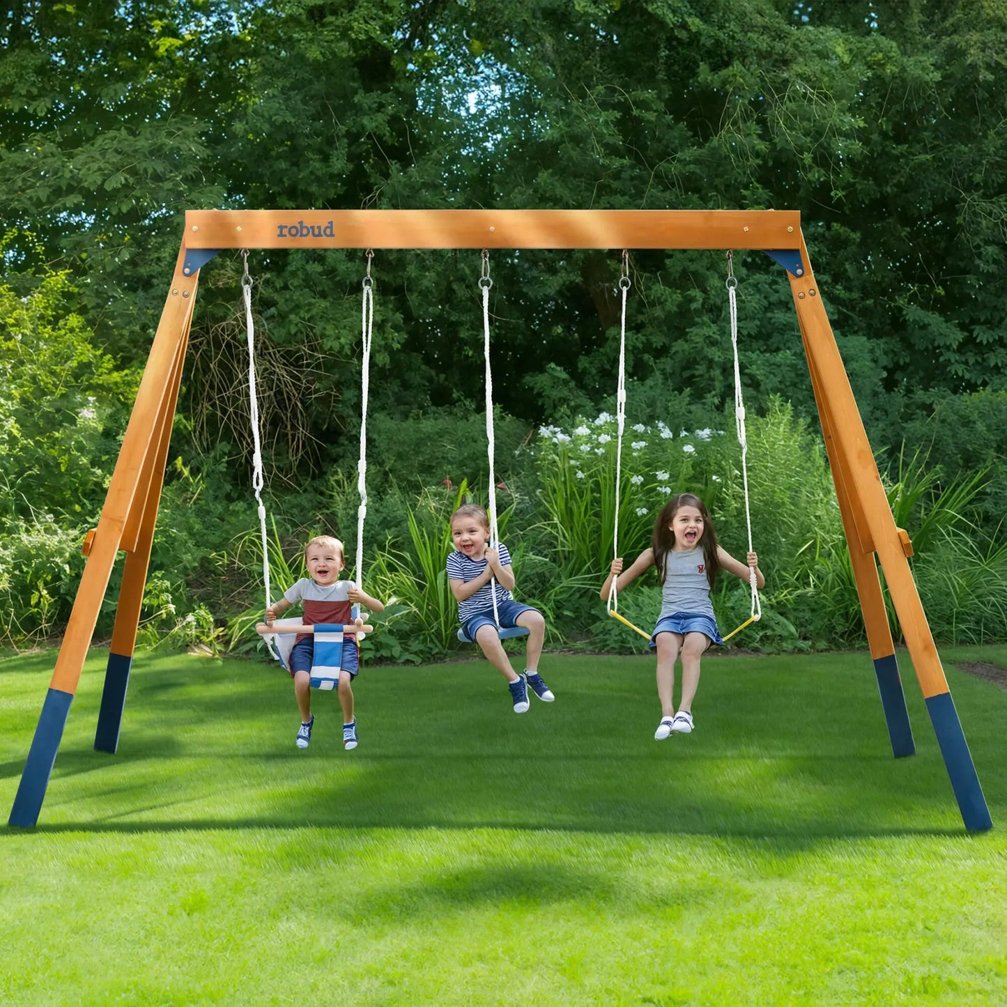 Robotime Robud 3-In-1 Playground Wooden Swing Set Backyard
