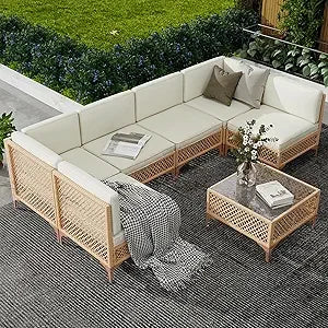 Outdoor Wicker Sectional Furniture Set With Glass Coffee Table