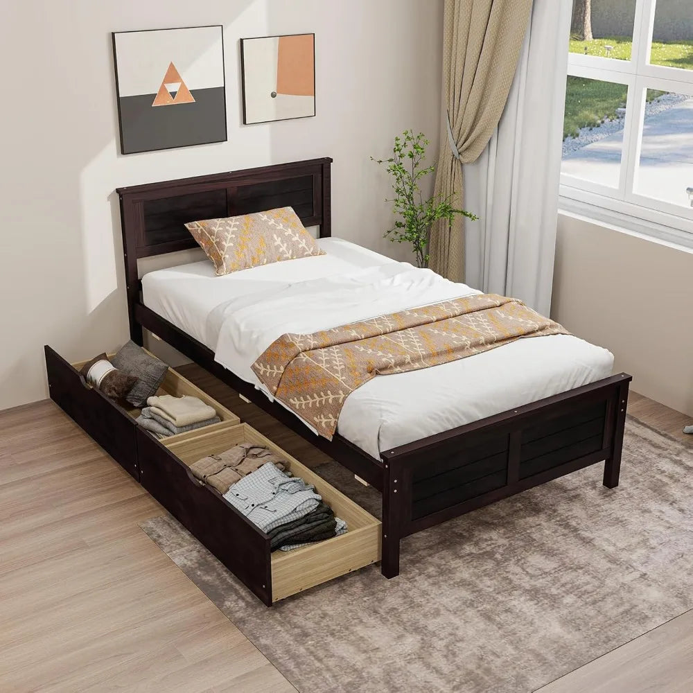 Wood Twin Platform Bed With Headboard And Slat Support