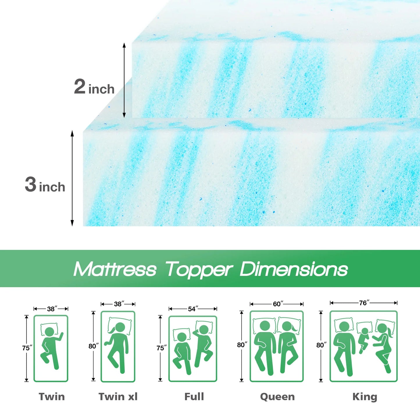 JHK Gel Memory Foam Mattress Topper Cooling For Bedroom Comfort