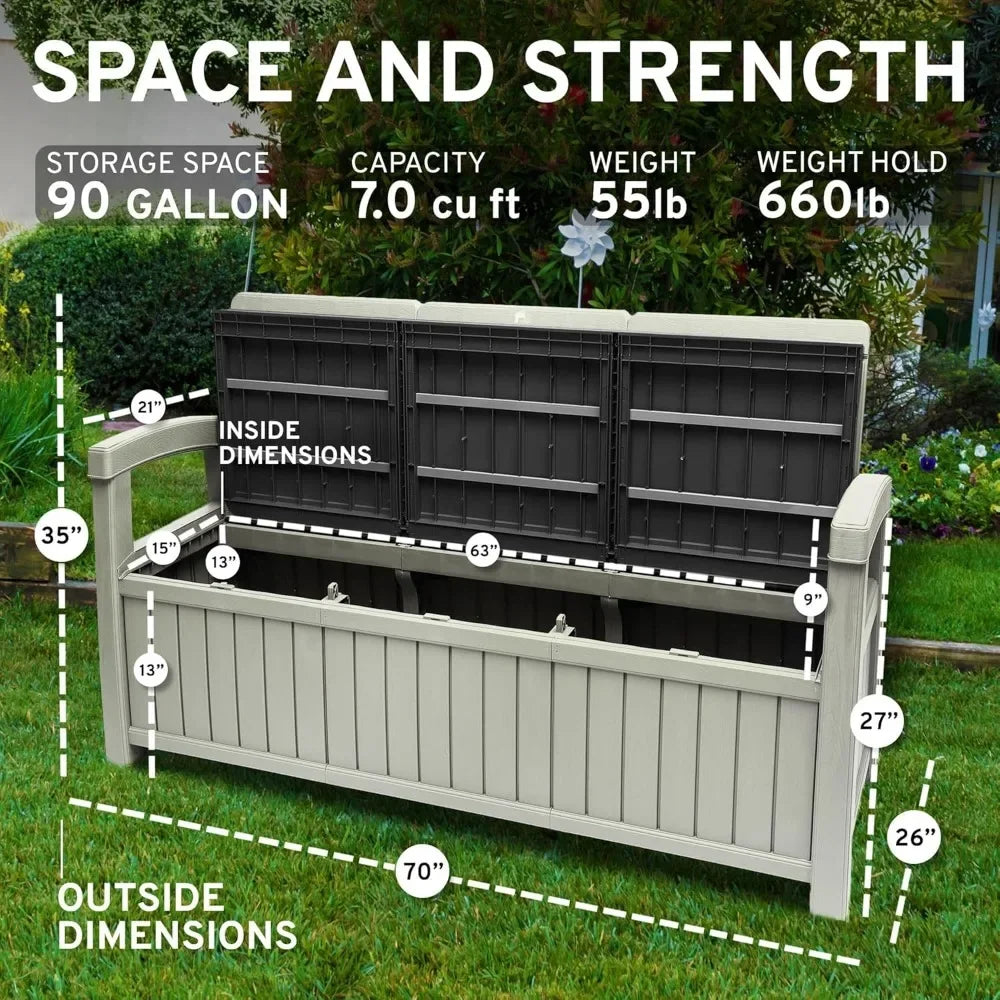 Outdoor Storage Bench 90 Gallon Capacity Weatherproof Resin