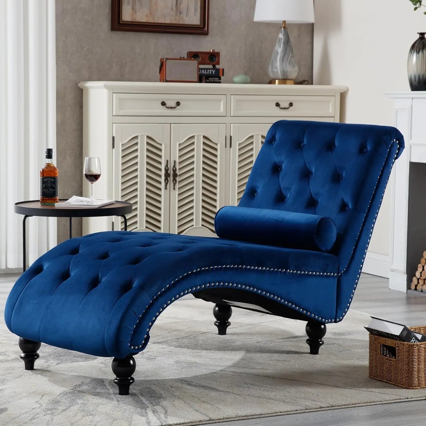Velvet Tufted Chaise Lounge Chair With Pillow Indoor Living Room