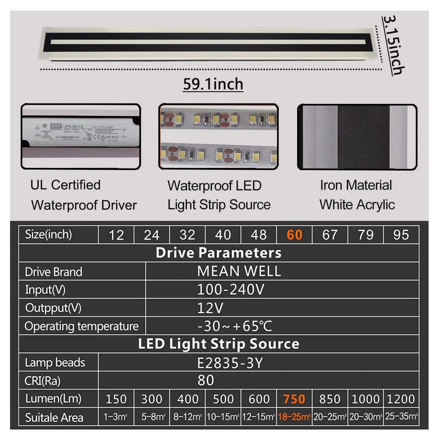 Outdoor Long LED Wall Light Strip Sconce IP67 Frosted Acrylic