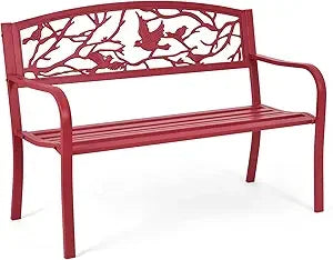 TIFICY Metal Outdoor Garden Bench With Cast Iron Back Pattern