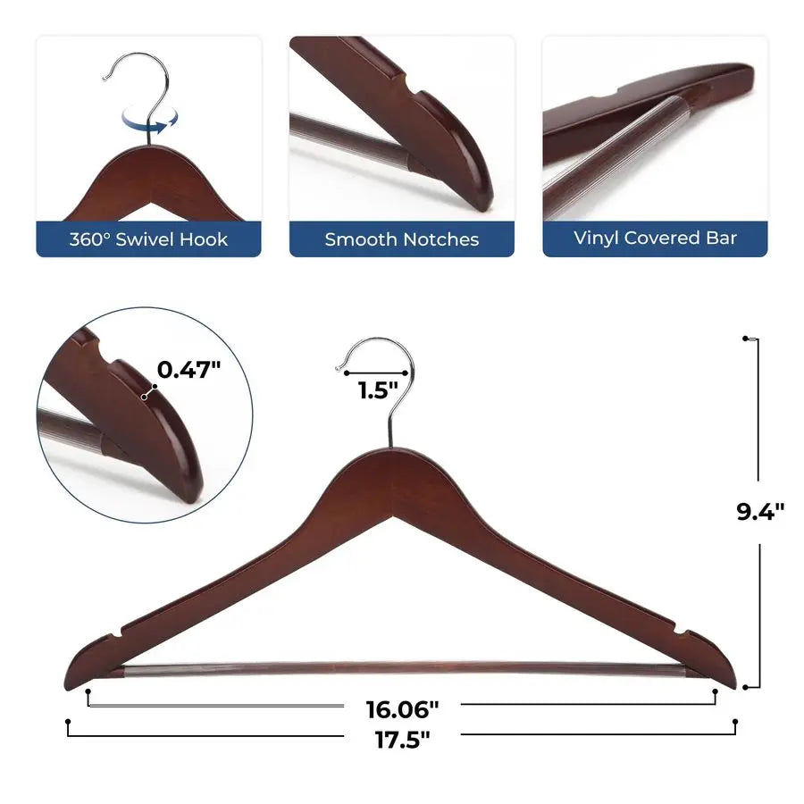 Walnut Wood Coat Hangers, 20 Pack, Non Slip Bar, Premium
