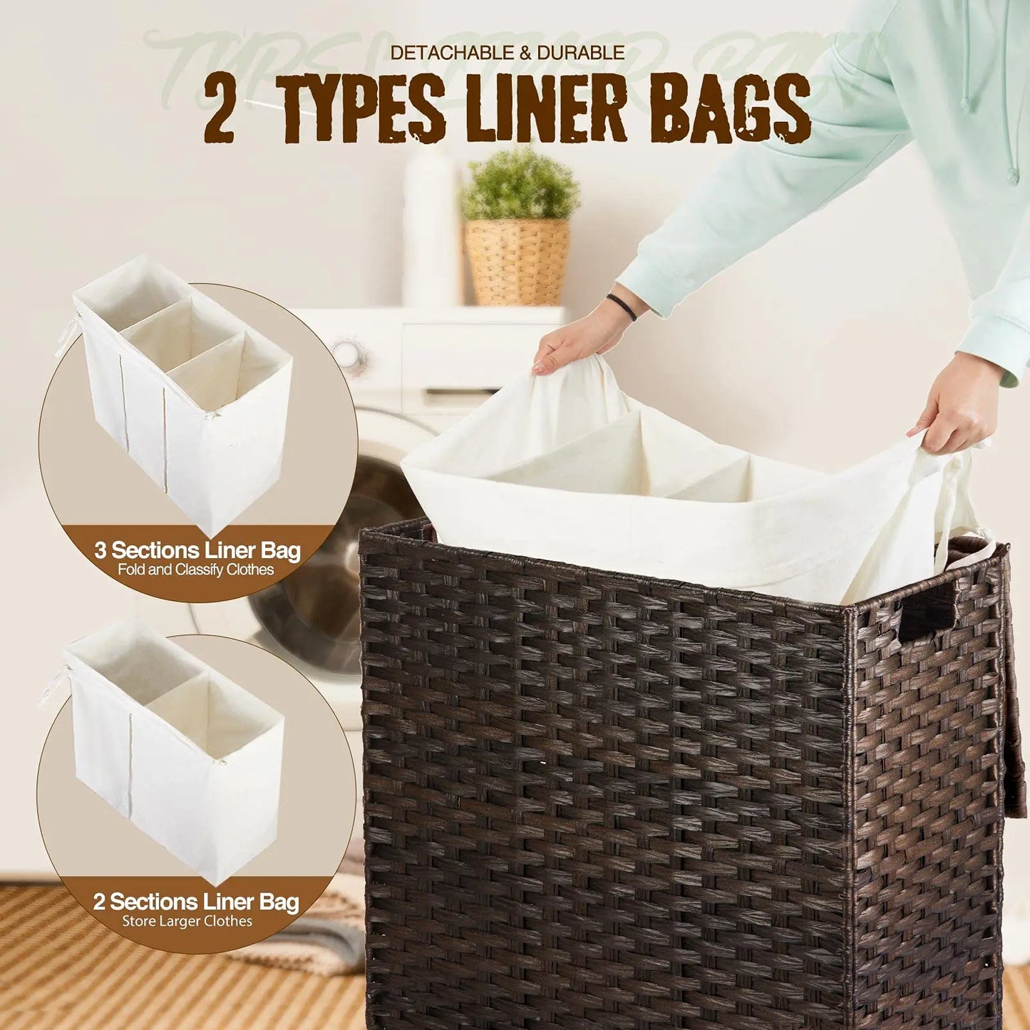 Rattan Divided Laundry Basket With Removable Liner And Mesh Bags