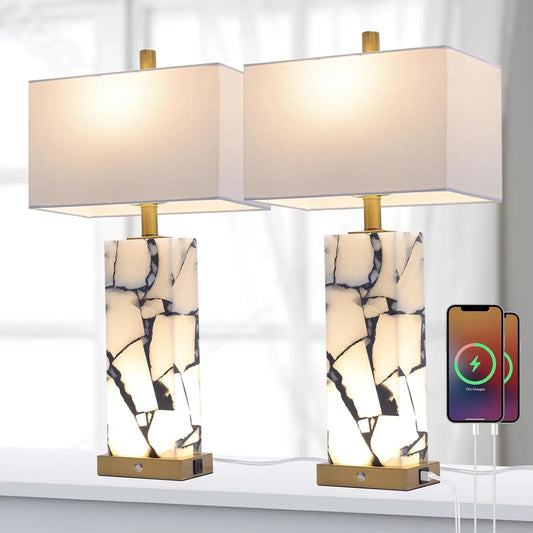 Natural Marble Table Lamps Set Of 2 With USB Ports