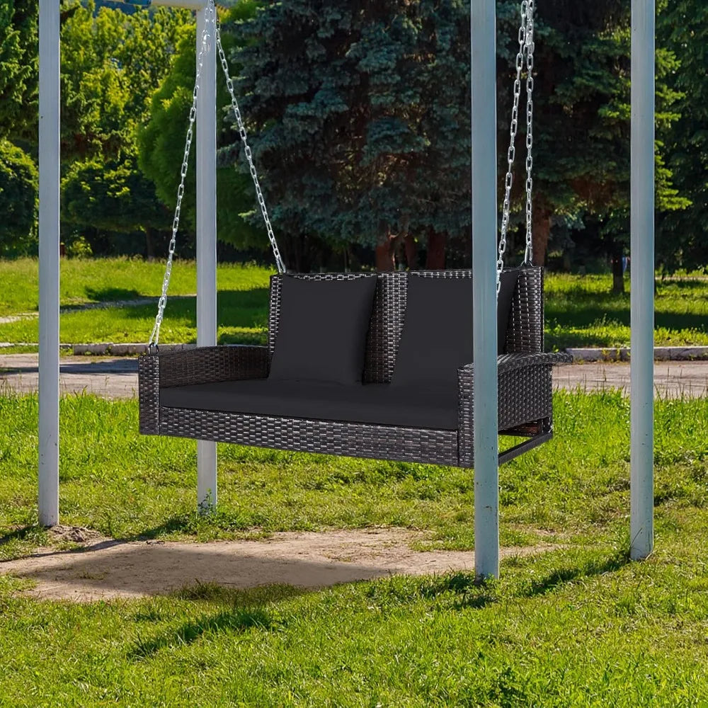 RBXC Outdoor Porch Swing Bench 2Seater Rattan Cushioned Steel Chain