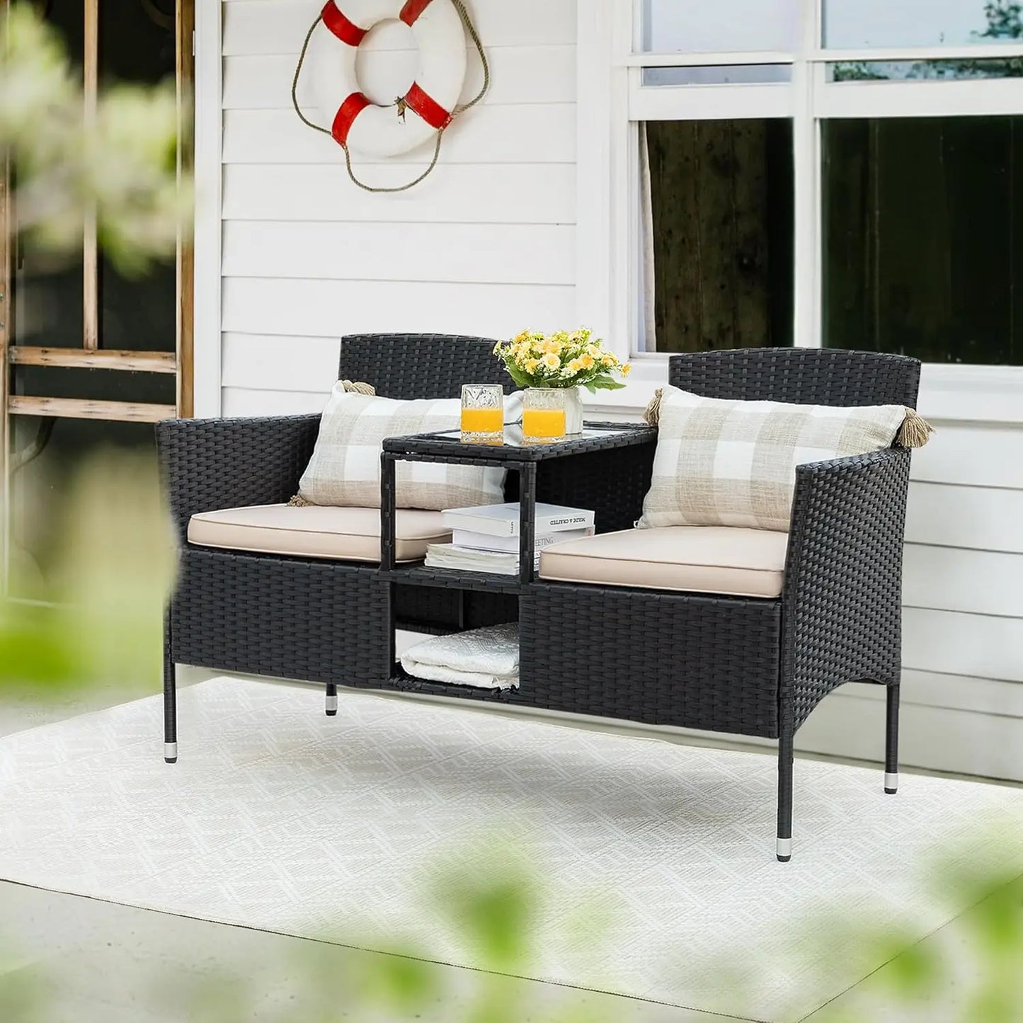 2 Seat Outdoor Wicker Loveseat With Built In Table