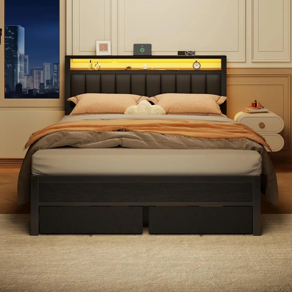 Bed Frame With Charging Station And LED Lights With Shelves