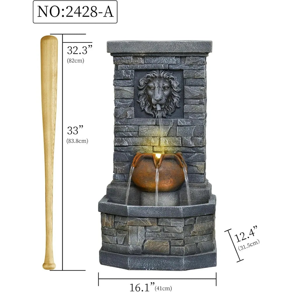 Outdoor Lion Head Stone Water Fountain With Lights Floor Standing