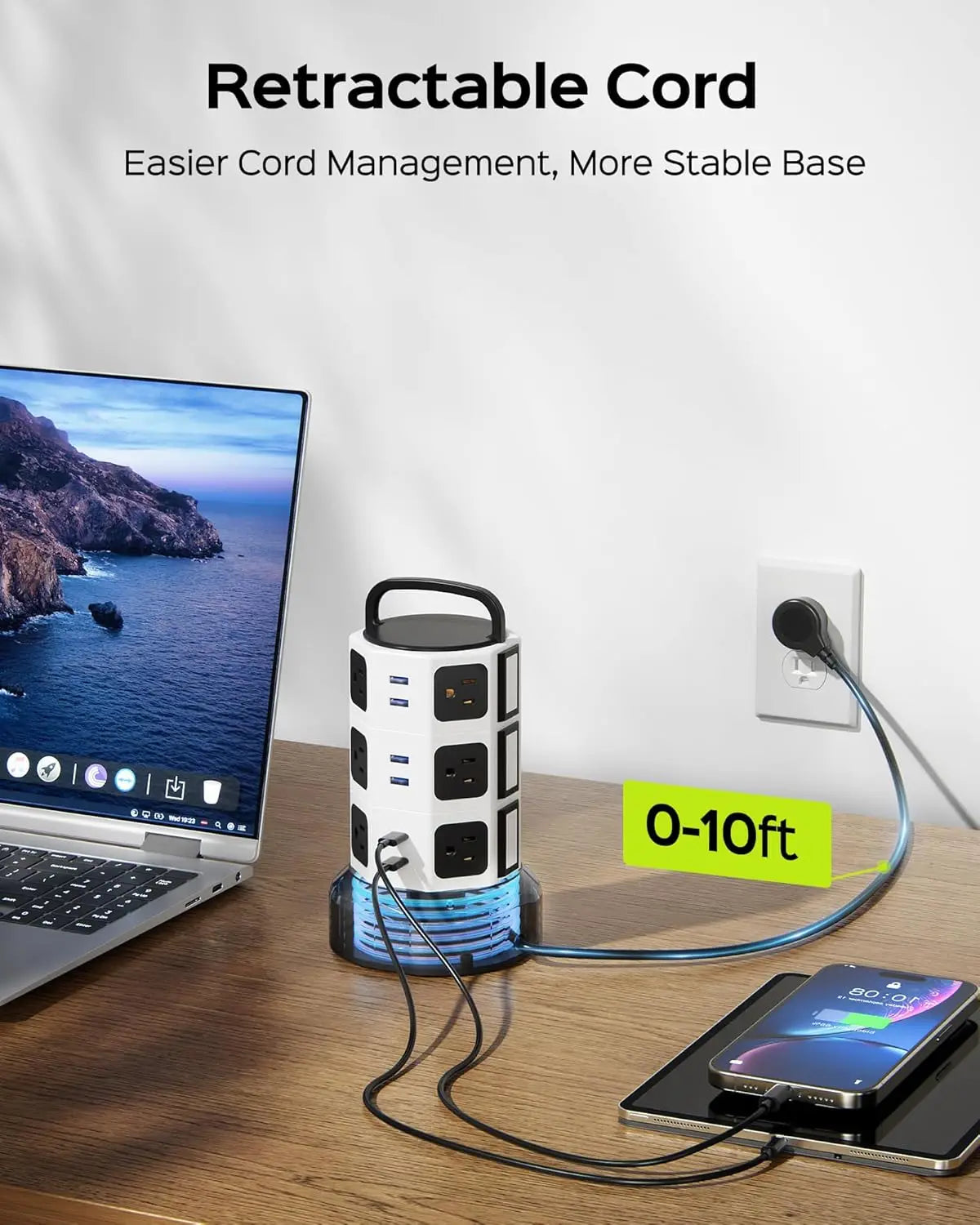 Retractable Power Strip Tower With 12 Outlets And USB Ports