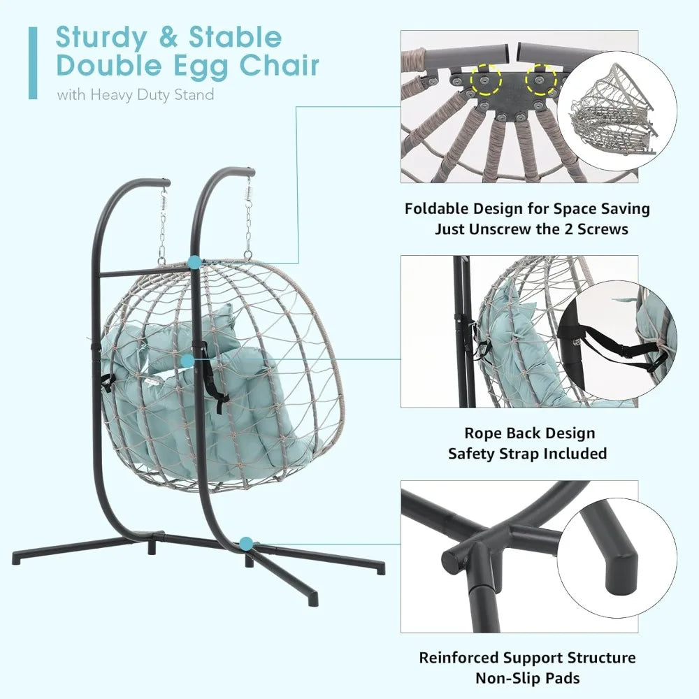 Two Person Egg Swing Chair With Stand Wicker Indoor Outdoor
