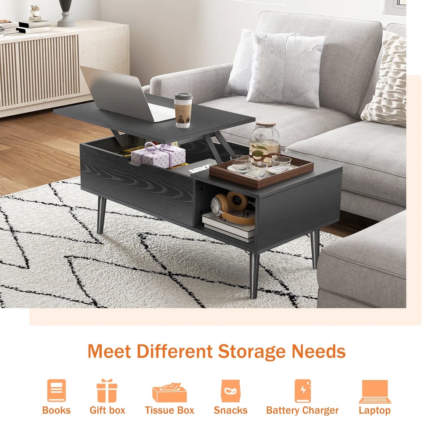 JHK Lift Top Coffee Table With Storage Shelf For Living Room
