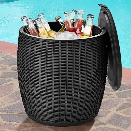 Outdoor Wicker Bar Table With Ice Cooler And Ice Bucket