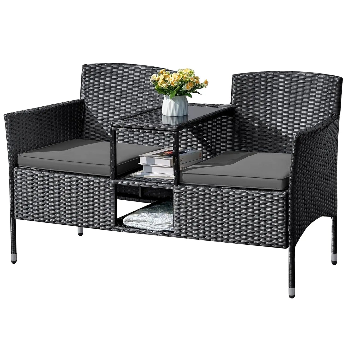 2 Seat Outdoor Wicker Loveseat With Built In Table