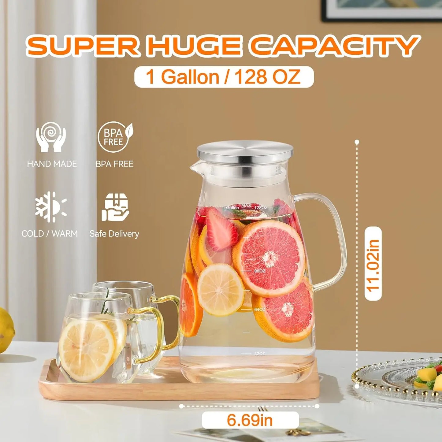 Glass Pitcher With Lid Wide Mouth For Hot Cold Drinks