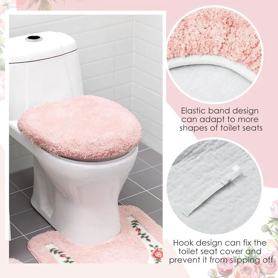Rose Floral Bath Rug Set U Shaped Non Slip Absorbent