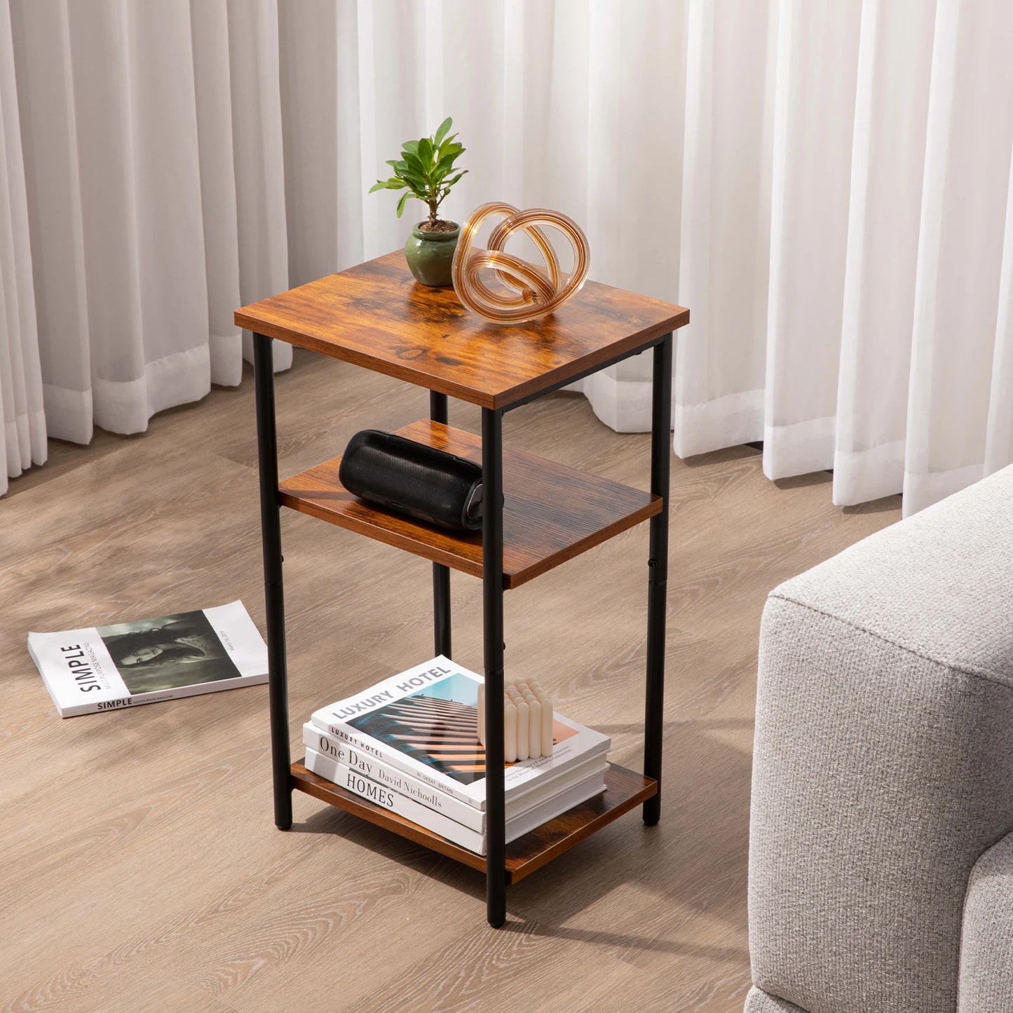 JHK 2/3-Tier End Table With Adjustable Feet Steel Frame