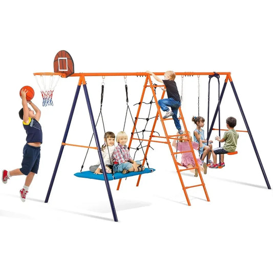 YTYIN Metal Swing Set With Climbing Ladder And Basketball Hoop