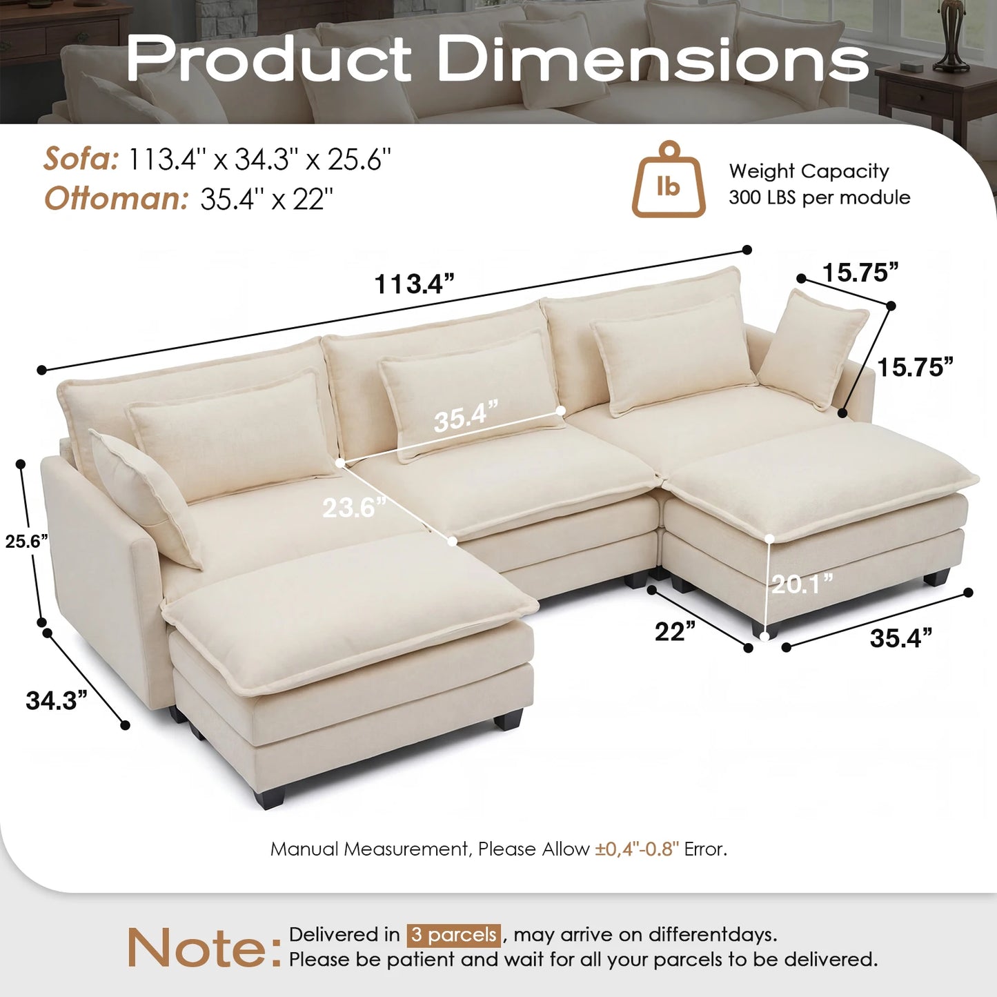 Redlife Modern Modular Sectional Sofa With Ottoman And Deep Seat