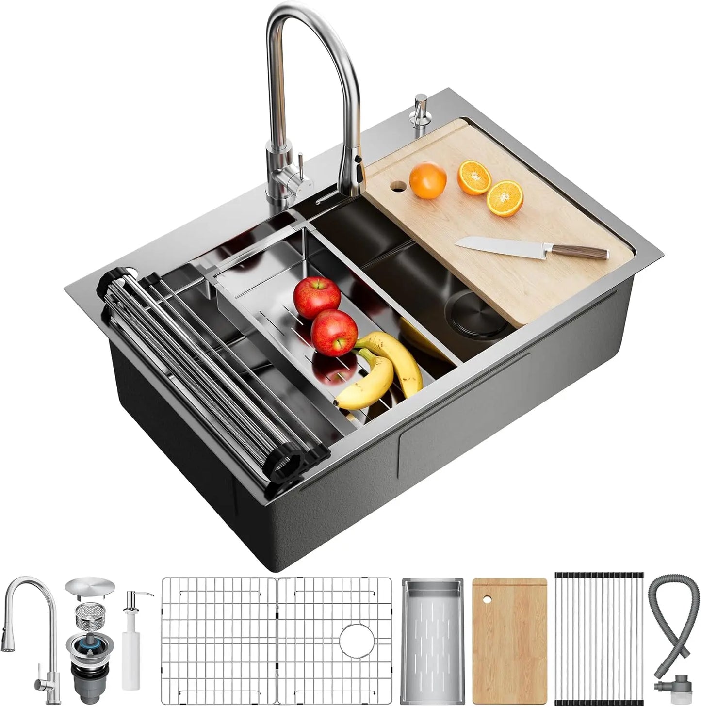 Stainless Steel Kitchen Sink With Fast Drain And Foldable Grid