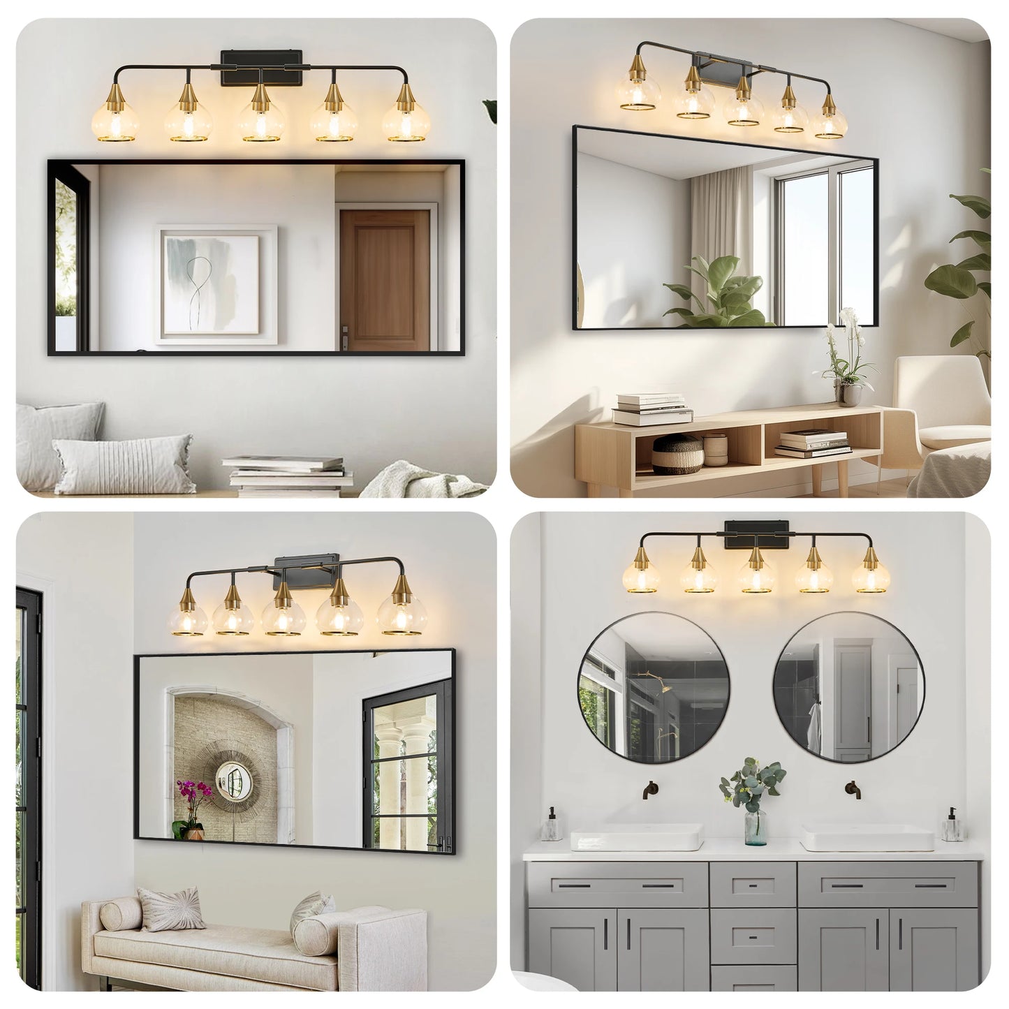 Modern Vanity Wall Sconce - Black & Gold Bathroom Light Fixture with Clear Glass Shades, Industrial Wall Mounted Lamp form USA