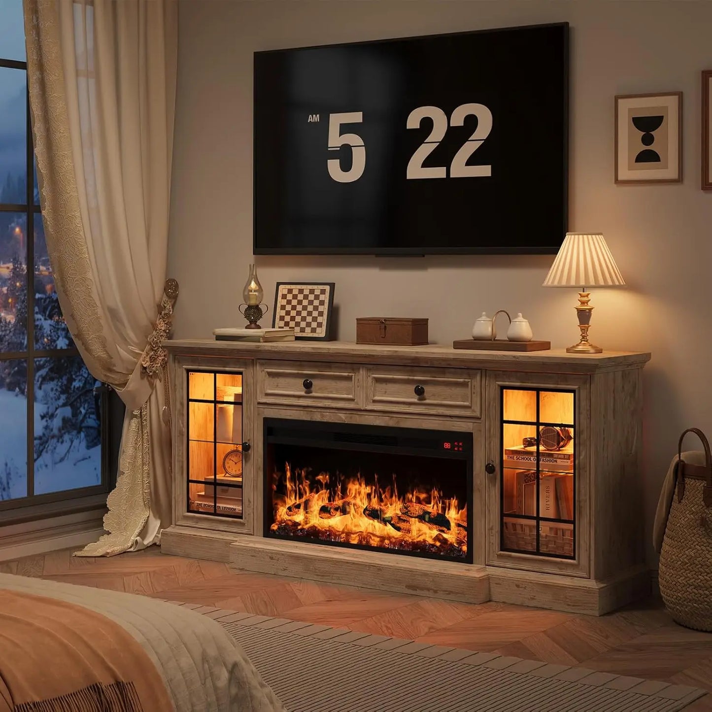 Contemporary TV Stand With Electric Fireplace And LED Lights