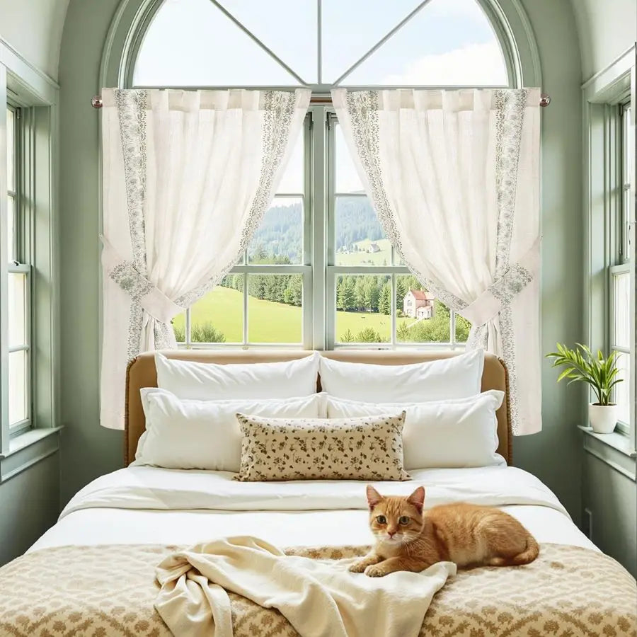 Small Linen Cafe Curtains With Bordered Floral Embroidery For Kitchen And Bath