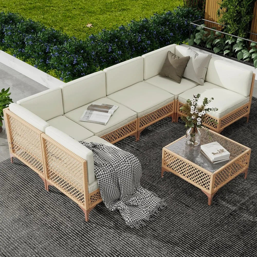 Outdoor Wicker Sectional Furniture Set With Glass Coffee Table